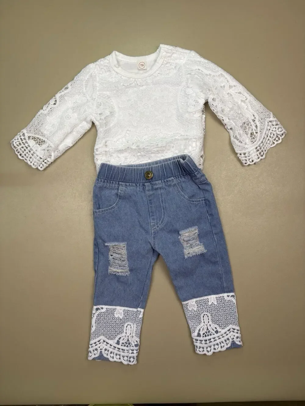Baby Girl Lace Bodysuit Jeans Outfit Set Size 70 Distressed Denim EUC